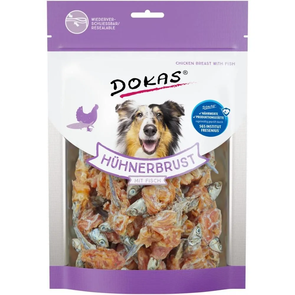 Dokas Tørret kyllingebryst med fisk 220 g - lækker hundesnack i stor pose